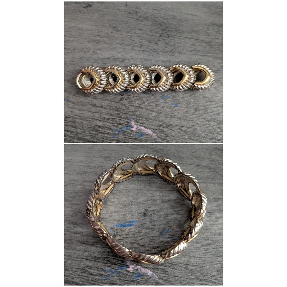 Two Tone Silver and Gold Textured Rope Link Stretch Bracelet Statement Jewelry